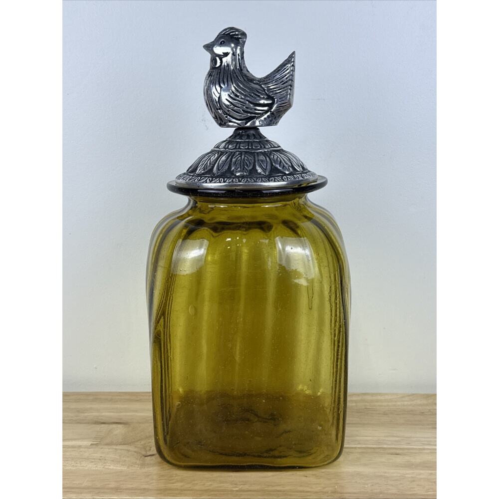 Vintage Amber Golden Yellow Glass Ribbed Canister With Pewter Rooster Top 13.5”